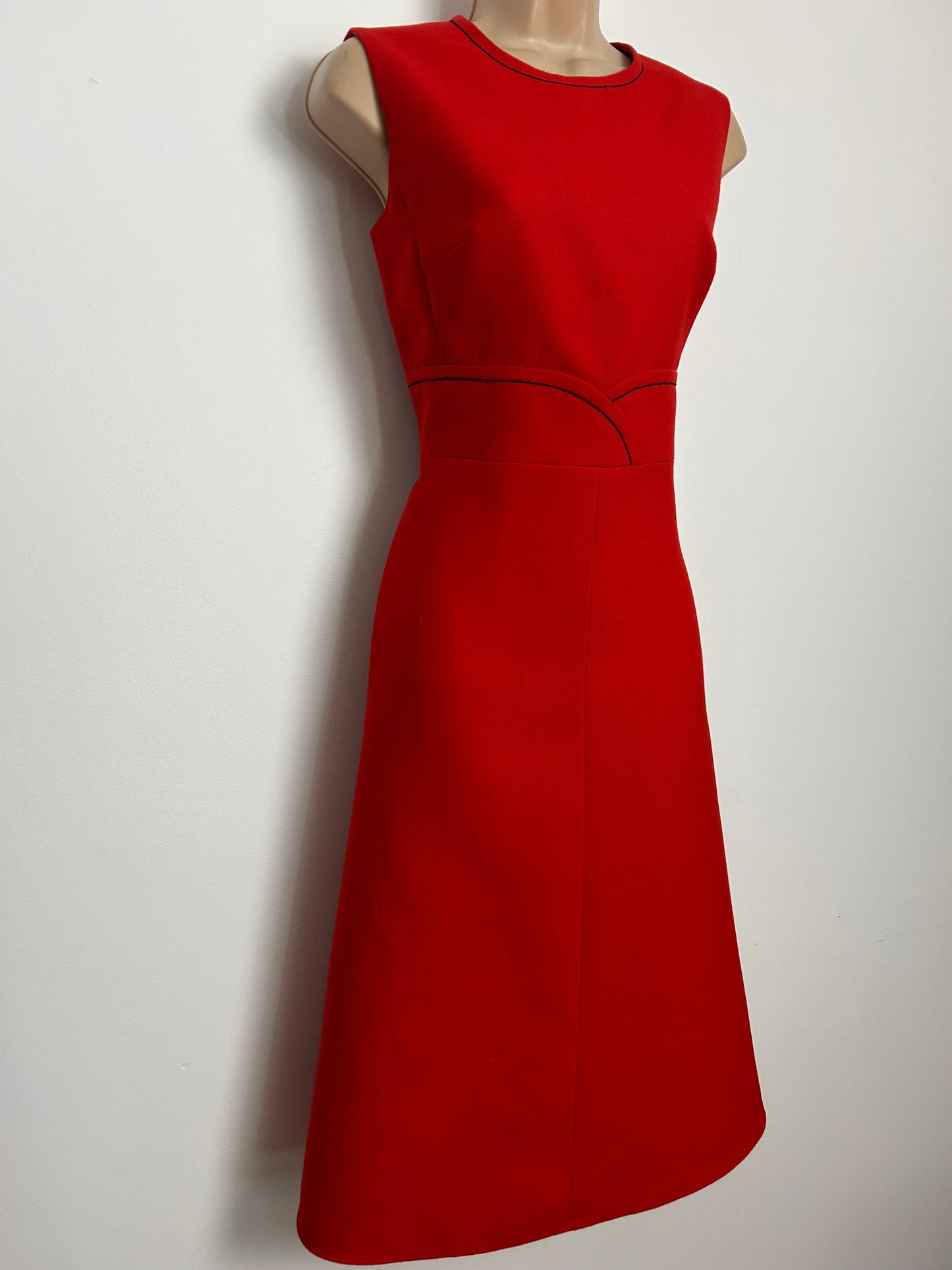 Vintage 1960s Size 8-10 Red Black Stitch Detail New Wool Mod Dress