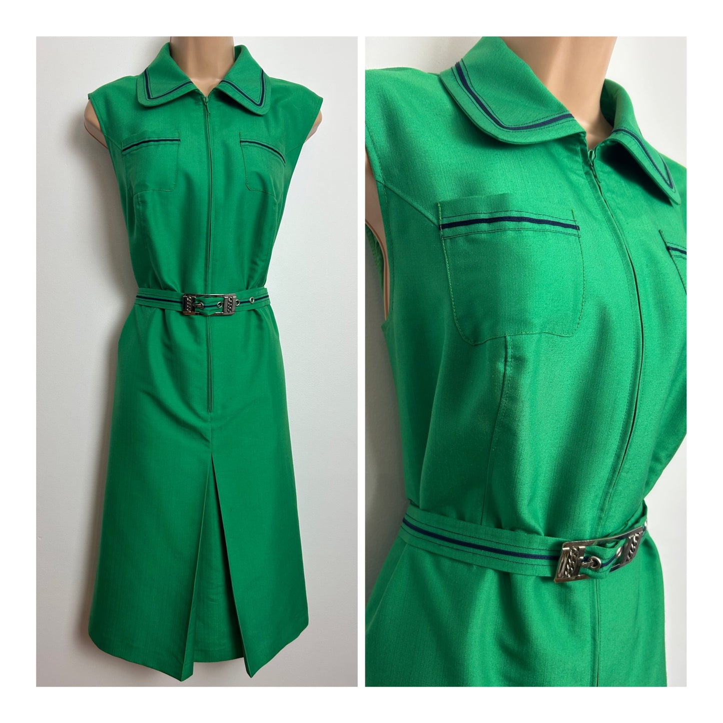 Vintage 1970s Size 14-16 Green & Black Braid Trim Pocket Detail Belted Mod Dress