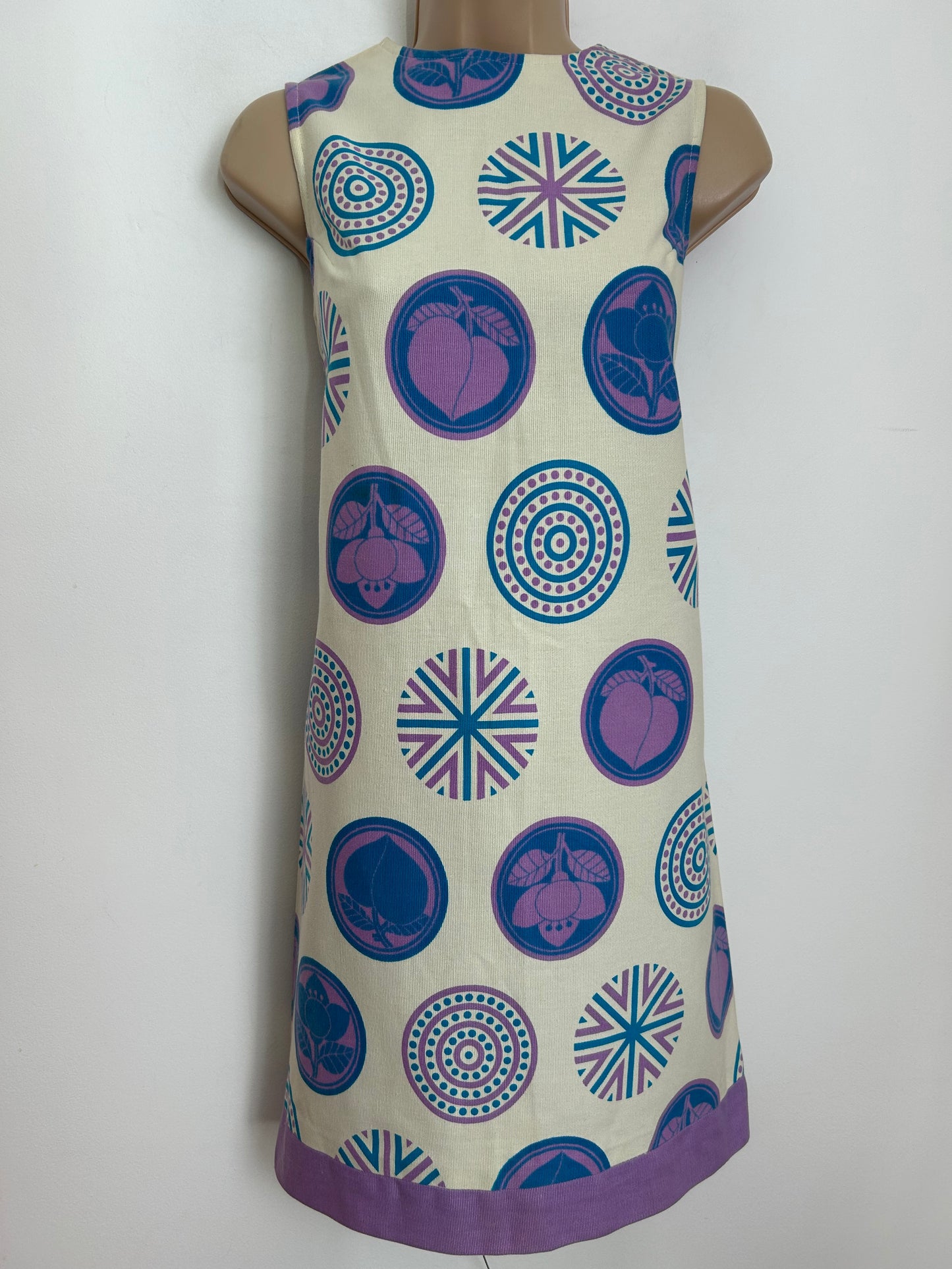 Vintage 1960s JEAN REY PARIS Size 6-8 Off White Blue & Pink Abstract Circle Print Cotton Mini Mod Shift Dress