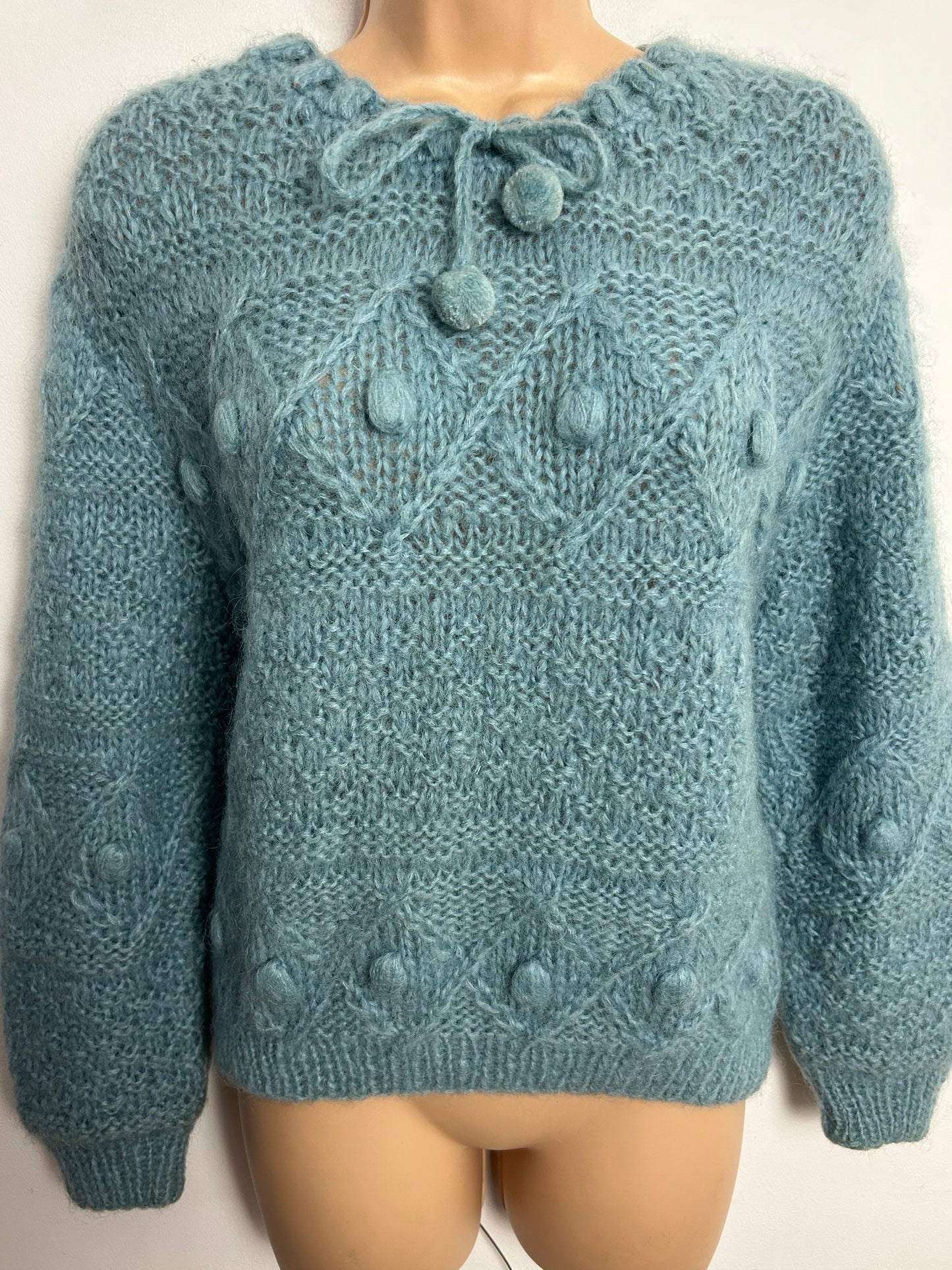 Vintage 1970s Up To Size 14 Duck Egg Blue Home Knitted Mohair Mix Pom Pom Tie Fastening Jumper