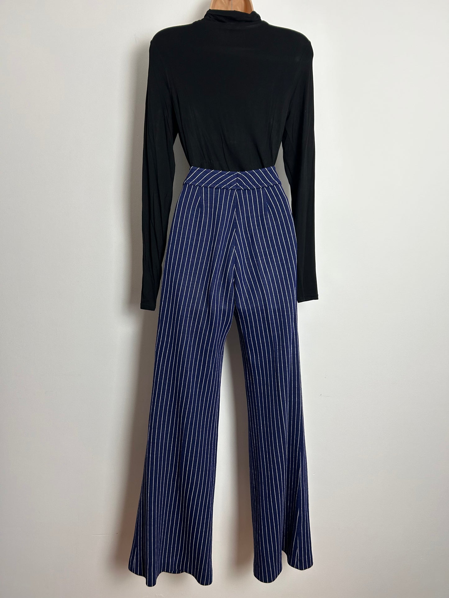 Vintage Early 1970s ST MICHAEL UK Size 8 Navy Blue & White Pinstripe Jersey Flared Trousers