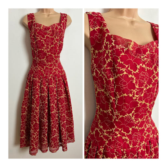 Vintage 1950s UK Size 10 Red & Cream Velvet Floral Flock Pleated Rockabilly Style Party Dress