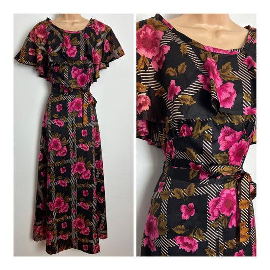 Vintage 1970s Size 10-12 Black Pink & Beige Floral & Stripe Check Print Cape Sleeve Boho Maxi Dress