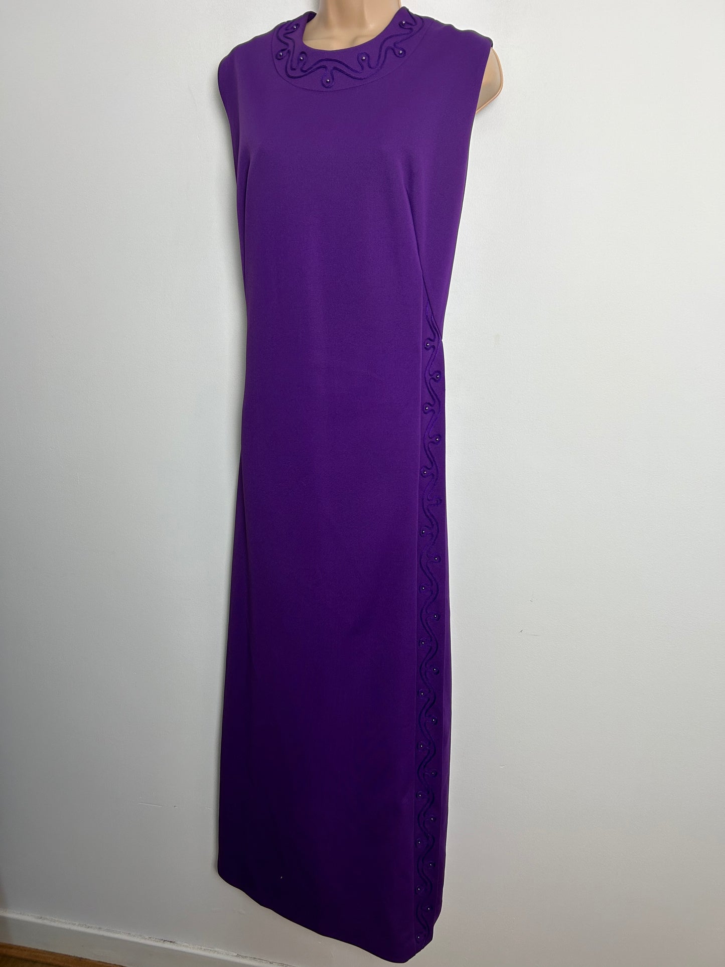 Vintage Early 1970s Size 14 Purple Braid & Bead Detail Sleeveless Straight Fitting Column Occasion Evening Maxi Dress