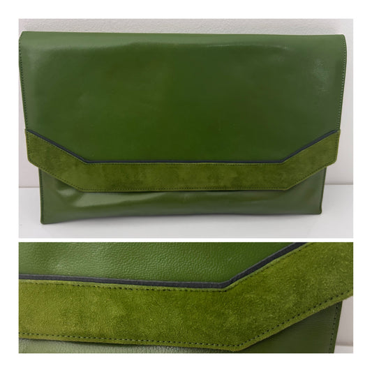 Vintage 1980s JACQUES VERT Green Leather & Suede Trim Envelope Style Clutch Bag