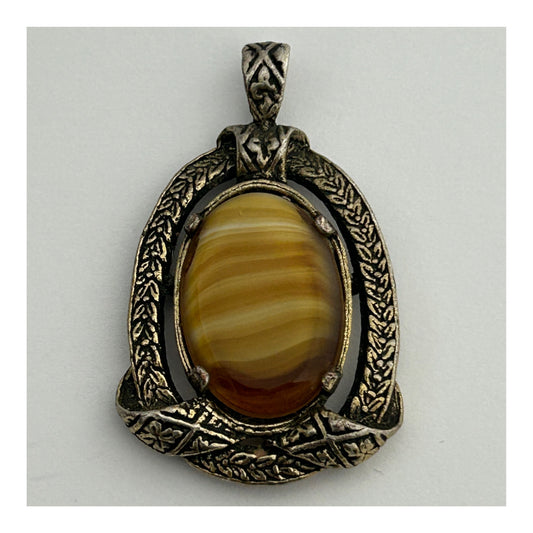 Vintage Silver Tone Base Metal MIRACLE Signed Banded Glass Stone Set Pendant