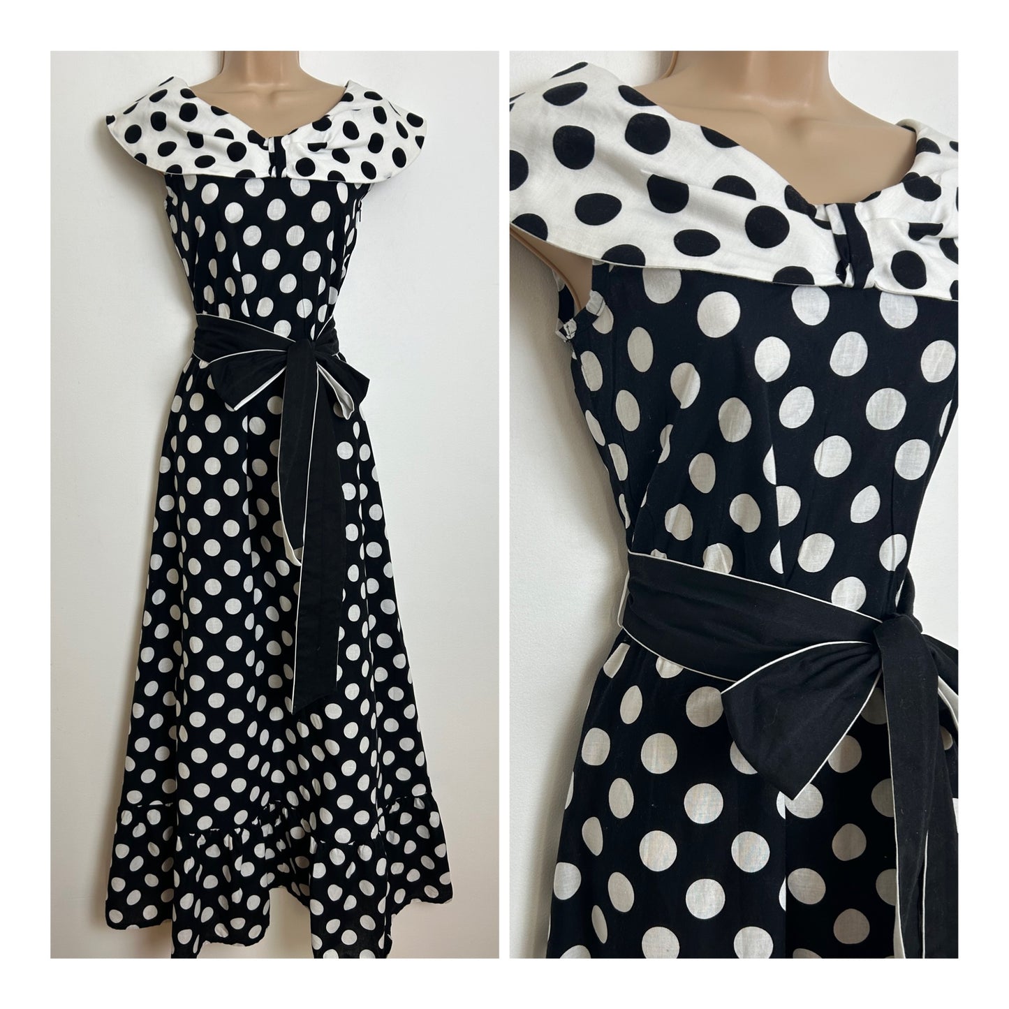 Vintage Early 1980s Size 8 Black & White Spot Print Bardot Style Belted Cotton Summer Maxi Dress