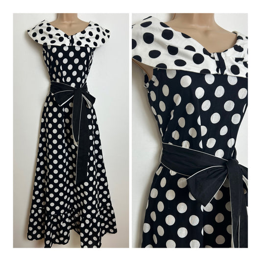 Vintage Early 1980s Size 8 Black & White Spot Print Bardot Style Belted Cotton Summer Maxi Dress