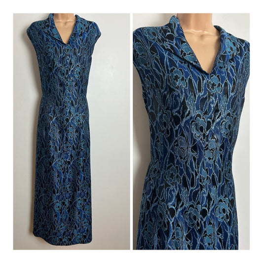 Vintage 1970s Size 14-16 Dark Blue Tones Abstract Floral Lurex Occasion Evening Maxi Dress