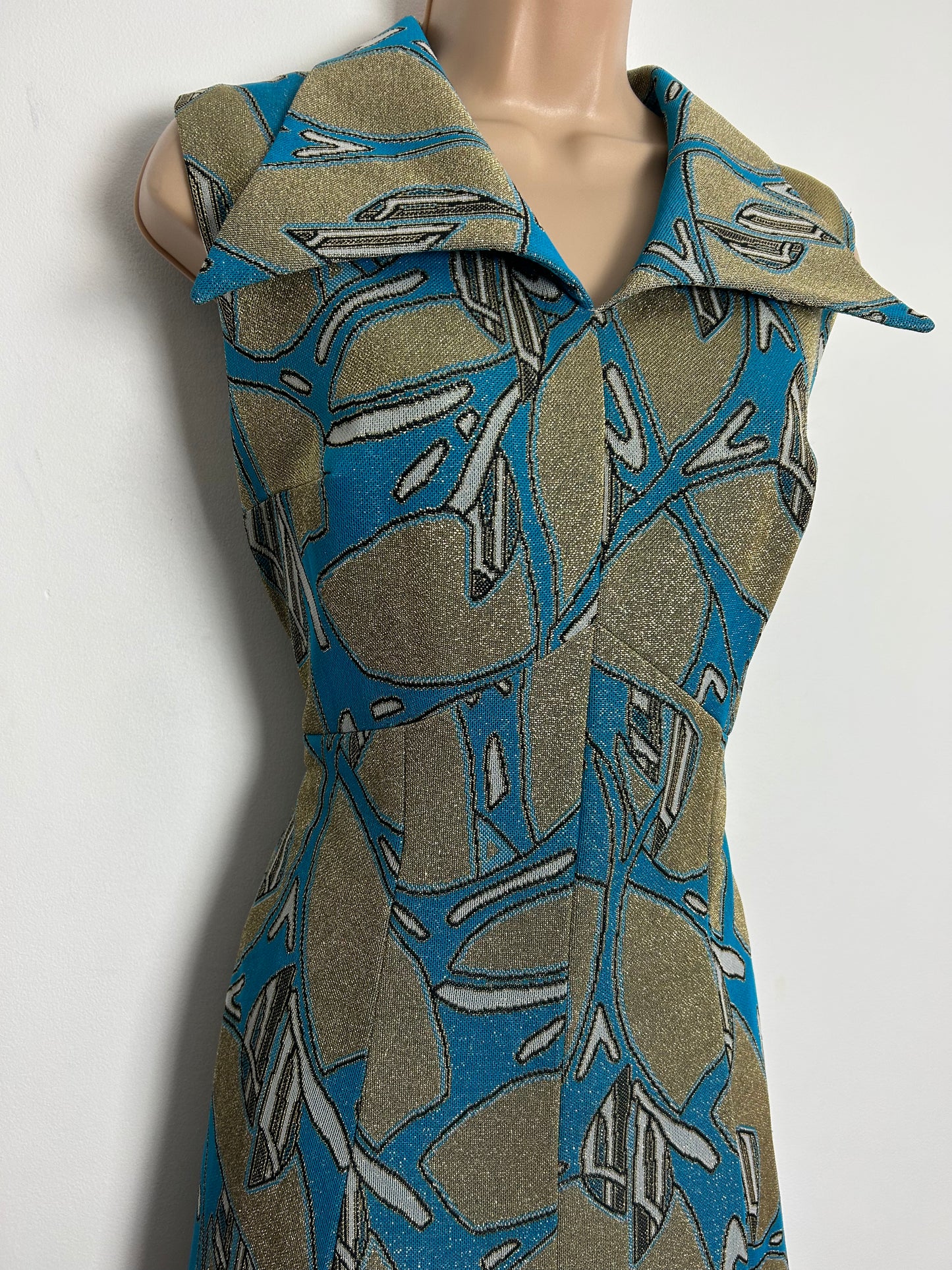 Vintage 1970s CANDA UK Size 12 Turquoise & Gold Abstract Print Lurex Occasion Evening Maxi Dress