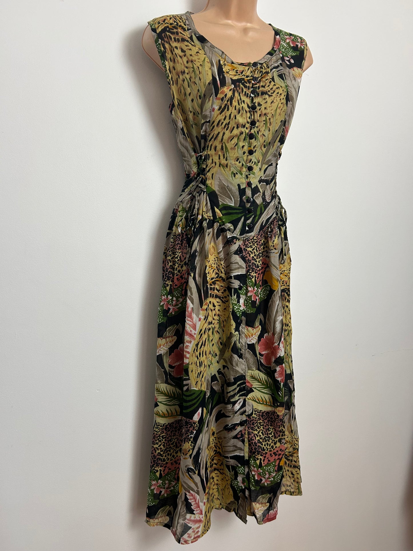 Vintage 1980s Size 12 Beige Brown & Green Leopard Animal Jungle Print Cotton Mix Midi Dress