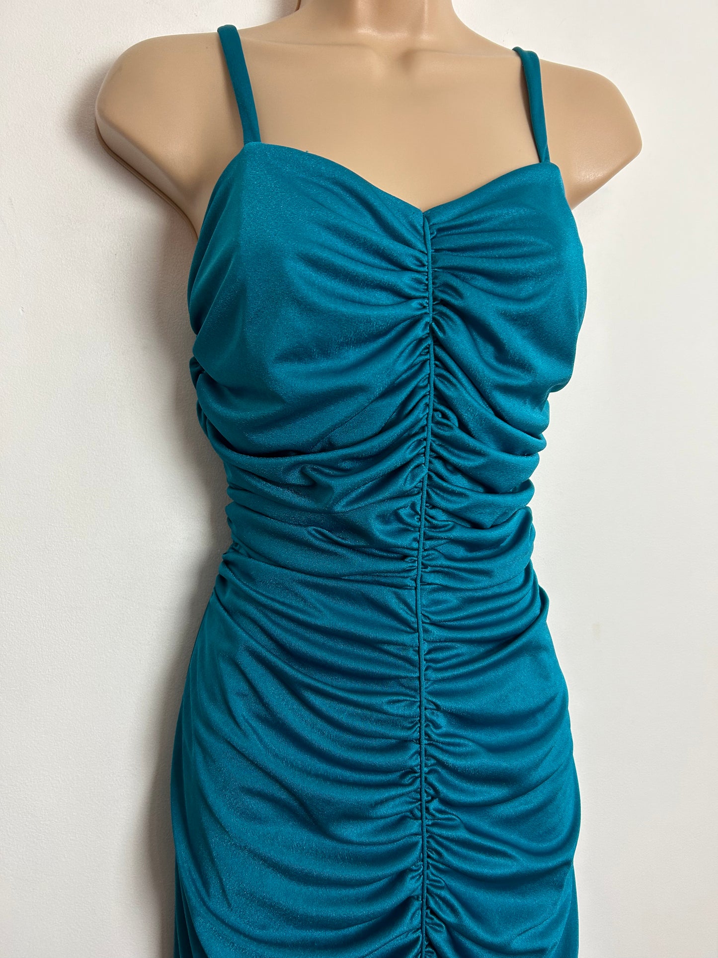 Vintage 1980s UK Size 8 Peacock Blue Ruched Fitted Wiggle Strappy Maxi Length Evening Occasion Party Dress