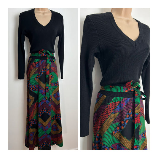 Vintage 1970s FURSTENBERG Size 10-12 Black Green Red Blue & Pink Floral & Diamond Check Print Ribbed Bodice Belted Maxi Dress