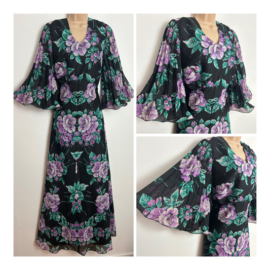 Vintage 1970s EMILIANA WENDELL Size 12-14 Black Lilac & Green Floral Print Pleated Flared Sleeve Maxi Dress