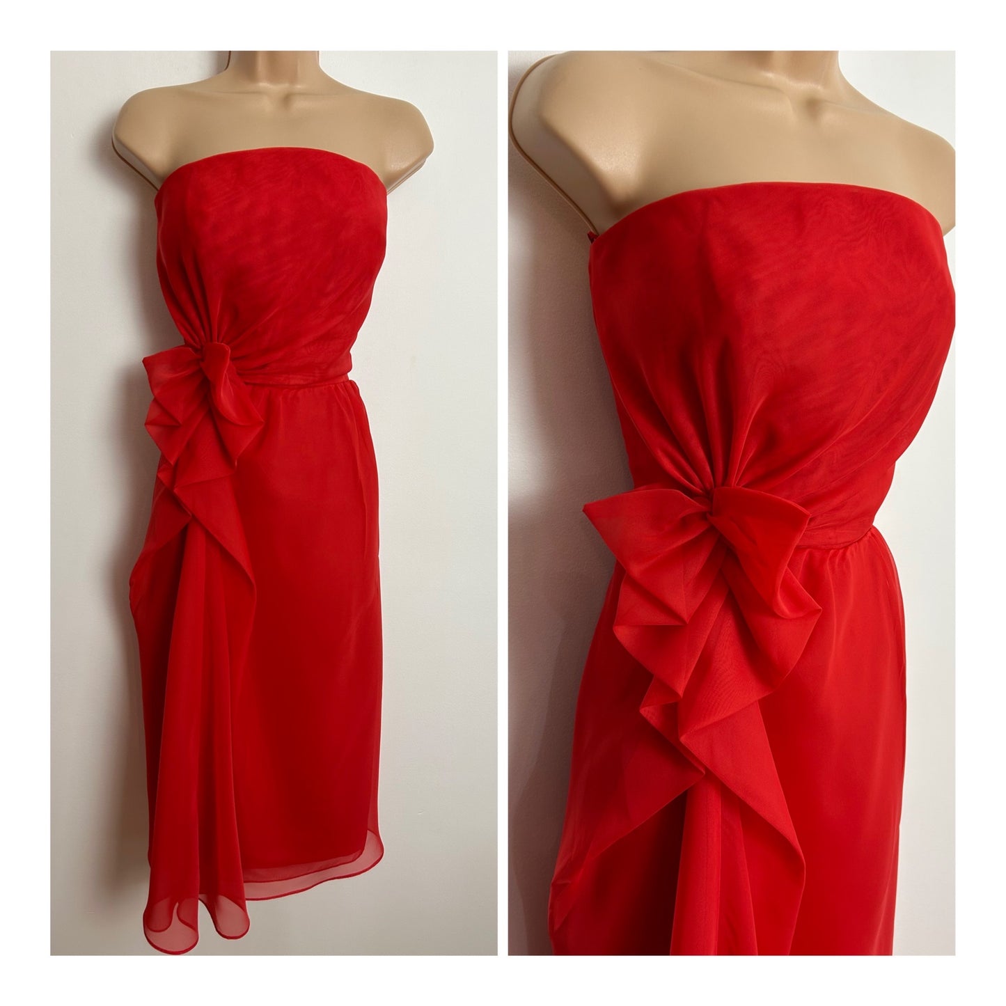 Vintage 1980s UK Size 10 FRANK USHER Red Strapless Boned Bow Ruffle Detail Cocktail Party Occasion Evening Dress