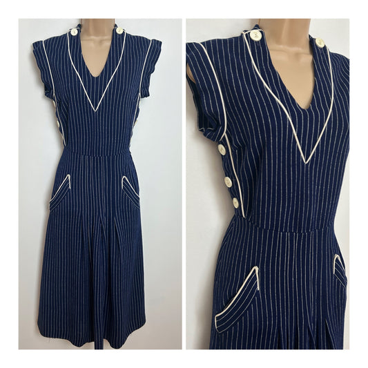 Vintage 1970s Size 6-8 Navy Blue & White Stripe Print Button Detail Wool Jersey Feel Day Dress