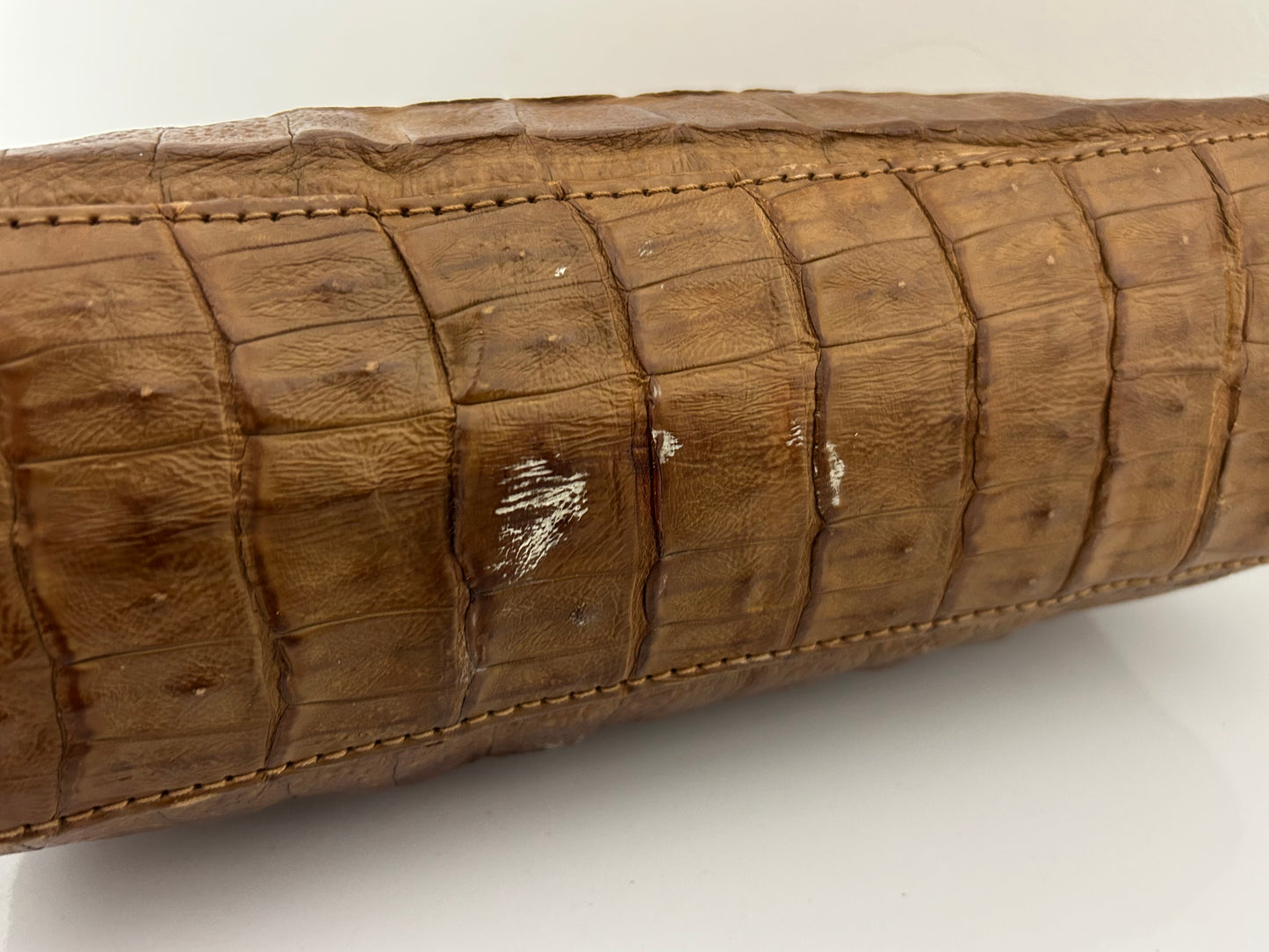 Vintage 1960s Dark Tan Brown Crocodile Leather Kelly Style Handbag