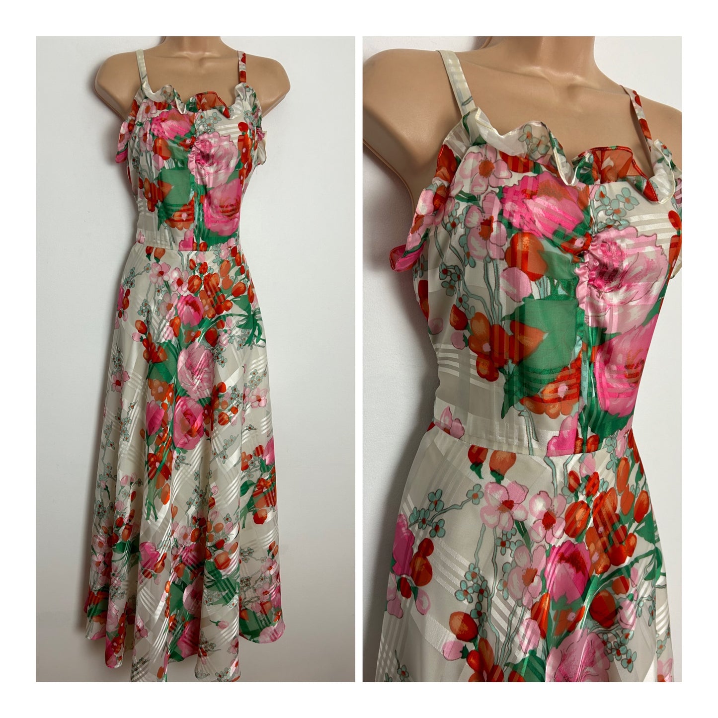 Vintage 1970's UK Size 8 Pretty Ivory White Pink Red & Green Floral Print Summer Boho Maxi Dress