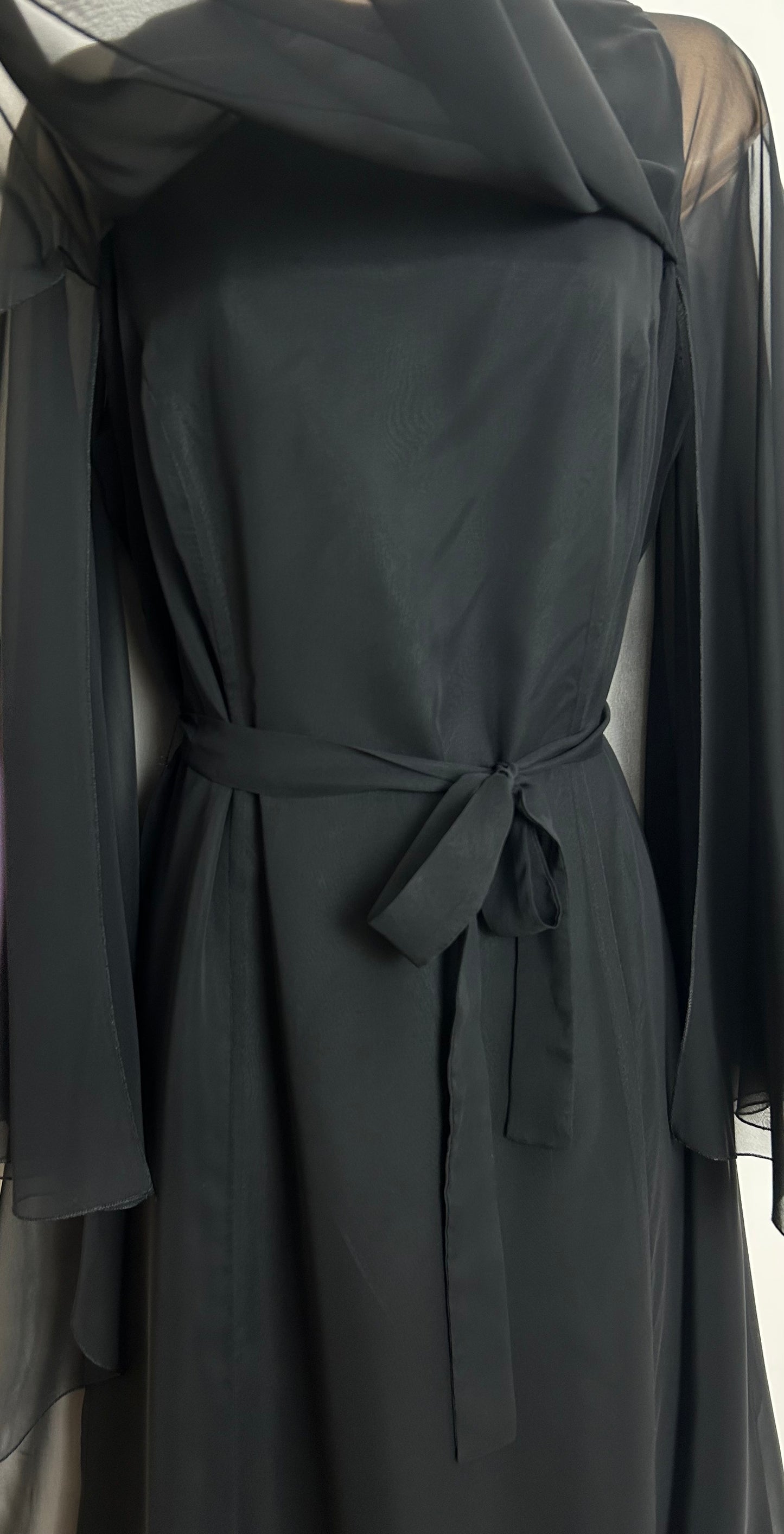Vintage 1970s Size 12 Black Chiffon Long Floaty Sleeve Belted Layered Occasion Evening Maxi Dress