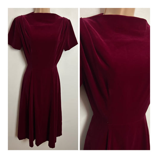 Vintage Late 1950s UK Size 8 Beautiful Red Velvet Slash Neck Short Sleeve Xmas Day Dress