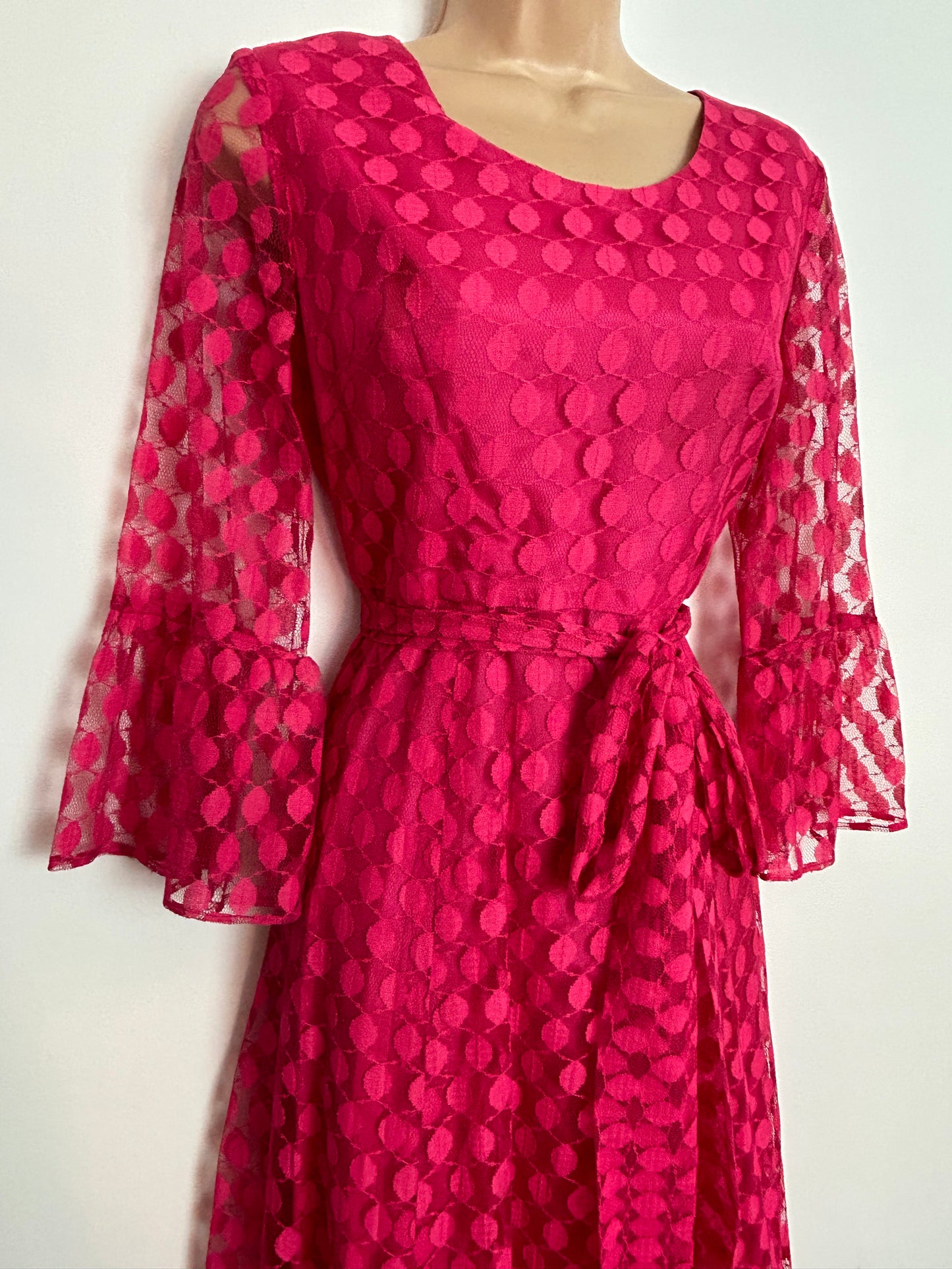 Vintage Late 1960s RICCI MICHAELS OF MAYFAIR UK Size 10 Hot Pink Spotty Lace Occasion Evening Maxi Dress