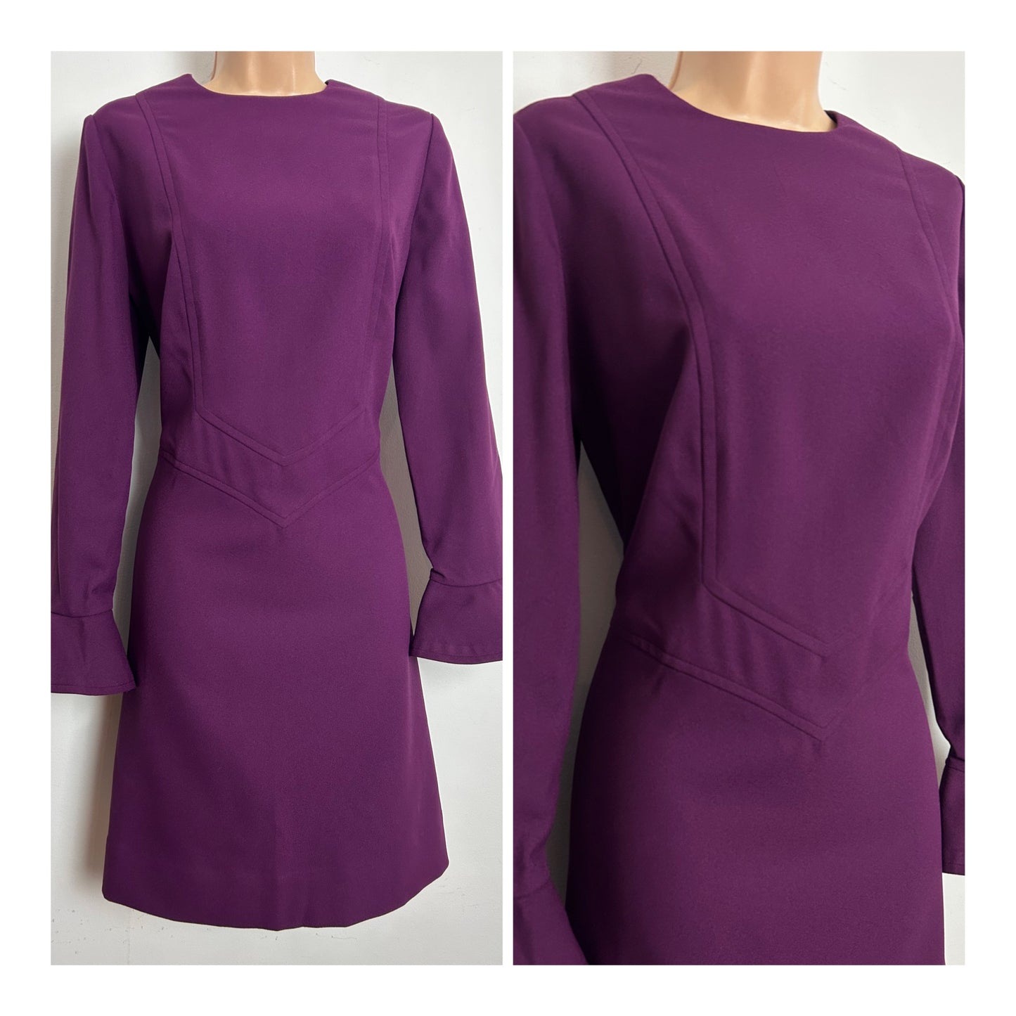 Vintage 1960s Size 12-14 Plum Purple Long Sleeve Flared Cuff Mod Shift Dress
