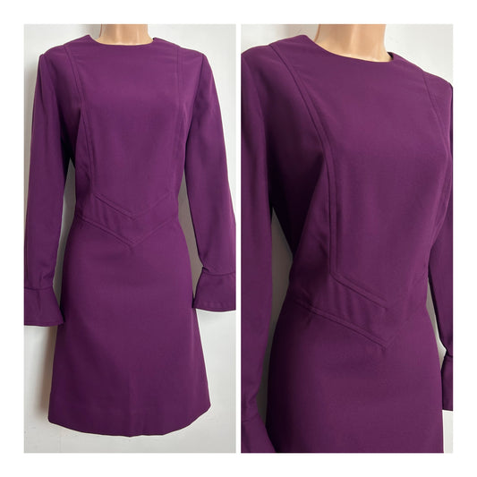 Vintage 1960s Size 12-14 Plum Purple Long Sleeve Flared Cuff Mod Shift Dress
