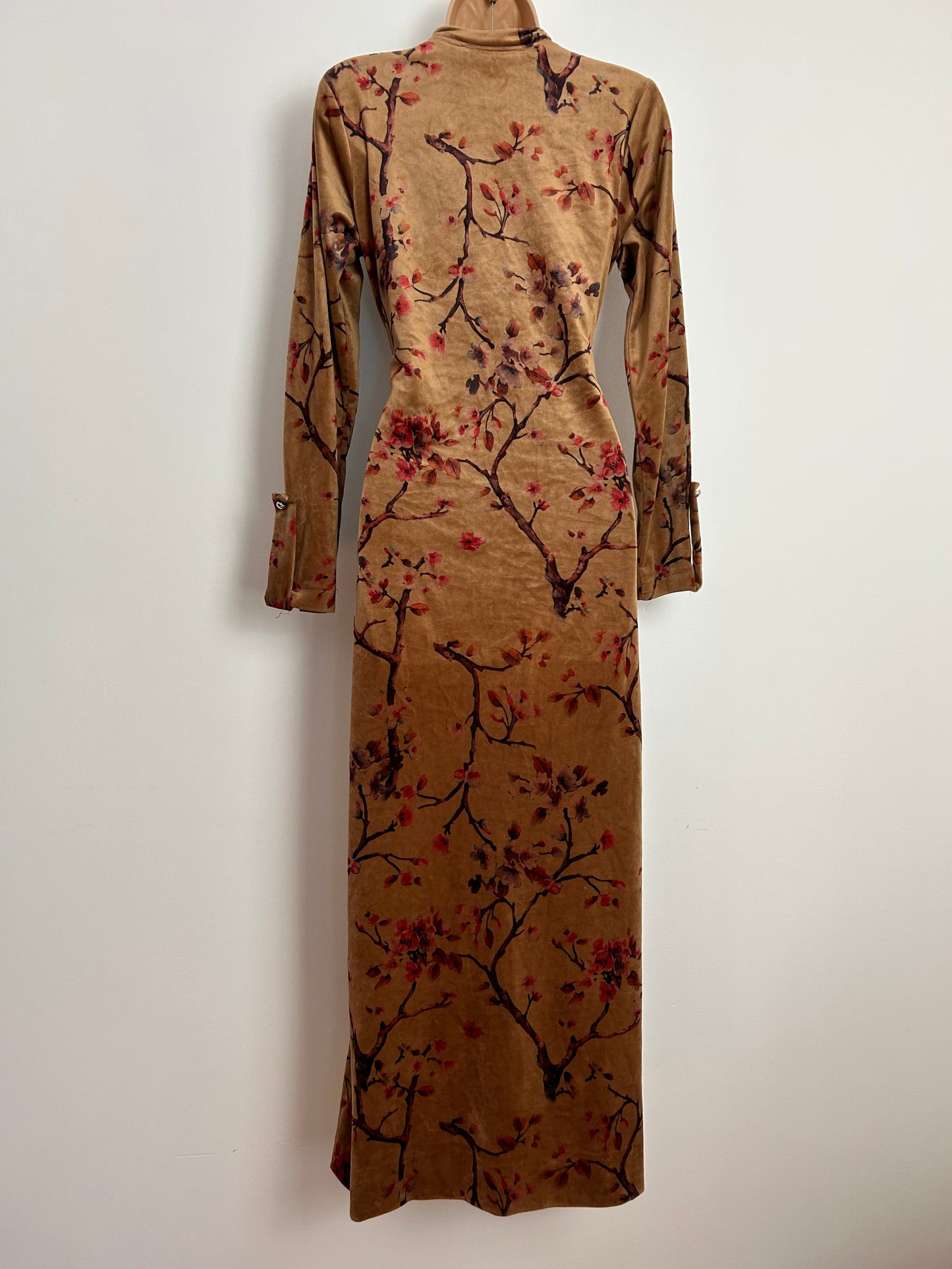 Vintage 1970s Homemade UK Size 8-10 Sandy Beige Blossom Floral Print Long Sleeve Pull Tie Waist Velour Boho Maxi Dress