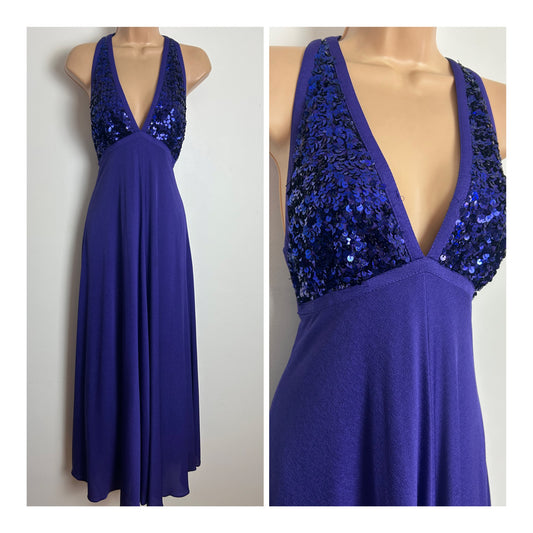 Vintage 1970s YVETTE Size 8 Purple Sequin Bodice Plunge Neck Evening Party Maxi Dress