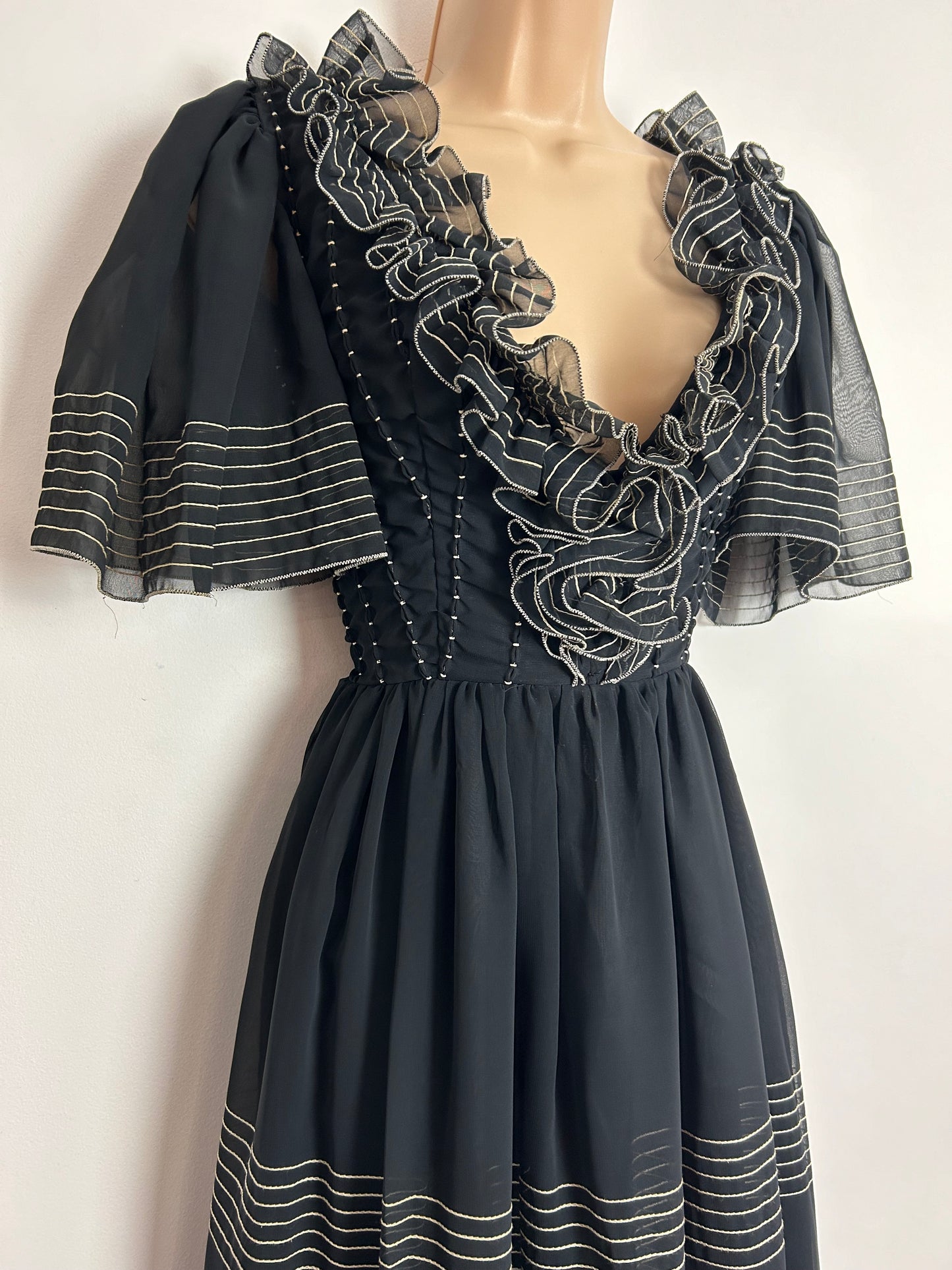 Vintage 1970s JEAN VARON Approx UK Size 10-12 Black Stitch Stripe Detail Tassel Back Ruffle Trim Occasion Evening Maxi Dress