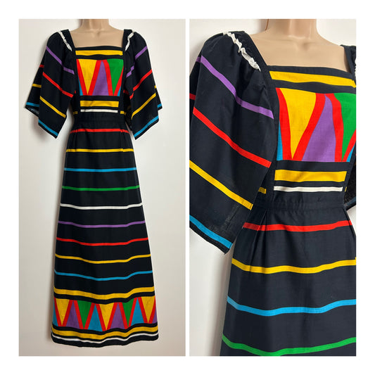 Vintage 1970s BETTY BARCLAY UK Size 8 Black Multicolour Stripe Print Hanky Sleeve Tie Back Cotton Maxi Dress