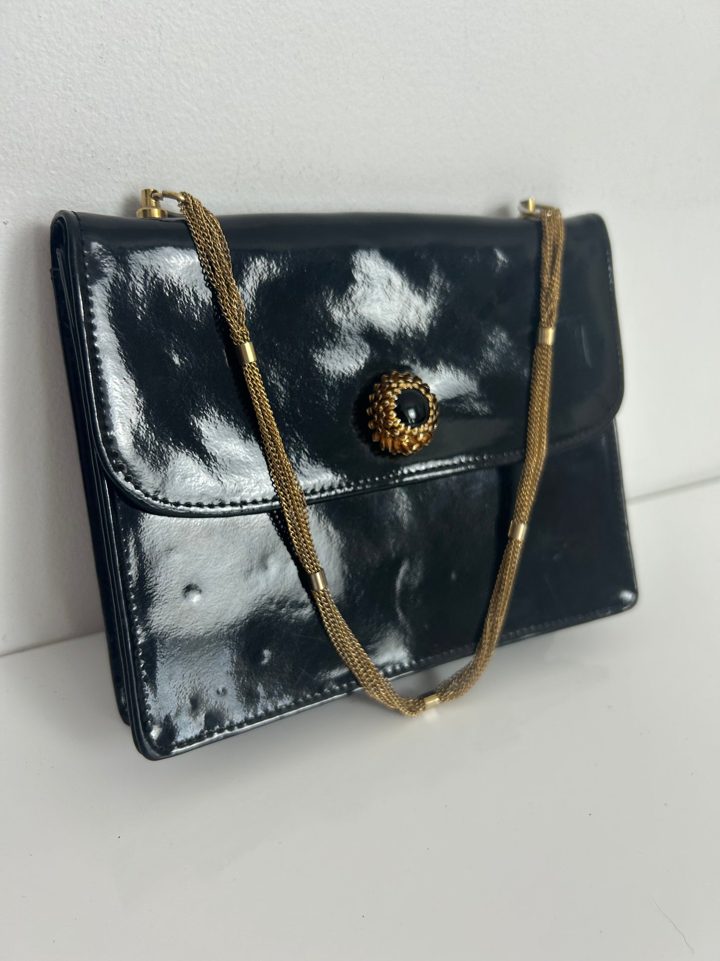 Vintage RARE Late 1960s UNUSUAL Black Patent Leather Chain Strap Handle With Screw Off Fastening