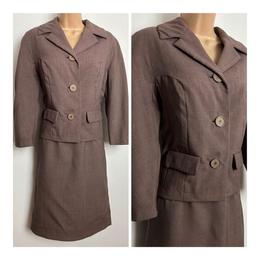 Vintage 1950s BICKLER Size 4-6 Brown 100% Worsted Shantung Wool Two Piece Skirt Suit