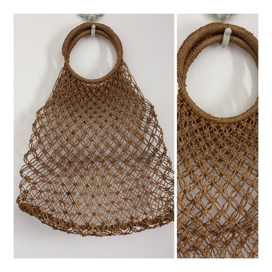 Vintage 1970s Tan Brown String Macrame Woven Shopping Bag With Twine Covered Handles