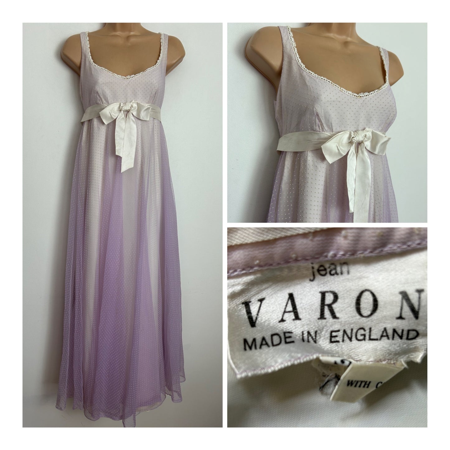 Vintage 1960s JEAN VARON Pale Lilac & Cream Swiss Dot Ribbon & Bow Detail Empire Line Maxi Dress