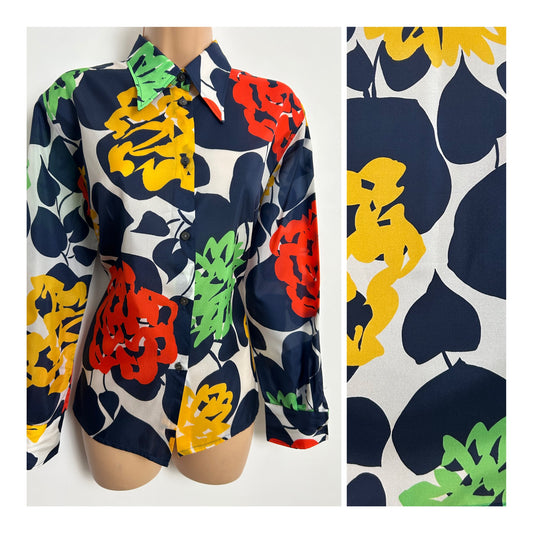 Vintage 1970s Italian Size 14 Navy White Yellow Green & Red Floral Print Long Sleeve Shirt
