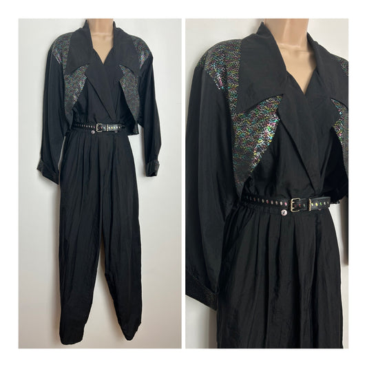 Vintage 1980s Size 12 Black & Metallic Multicolour Mock Waistcoat Style Belted Disco Jumpsuit