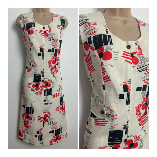 Vintage 1960s Size 8-10 Cream Red & Black Abstract Stripe & Floral Print Shift Mod Dress