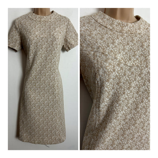 Vintage 1960s UK Size 10-12 Cream & Pale Gold Floral Crimplene Short Sleeve Mod Party Shift Dress