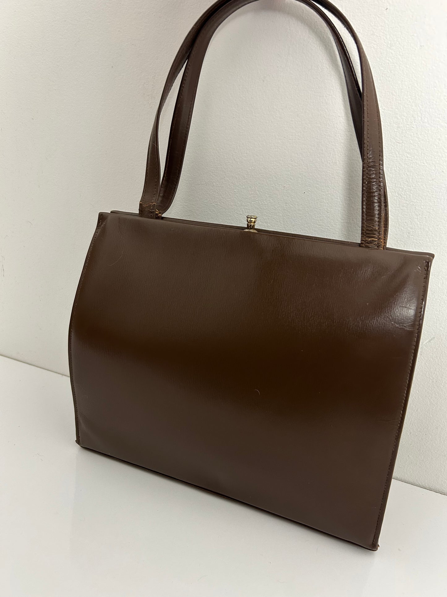 Vintage 1950s Dark Brown Leather Kelly Style Handbag