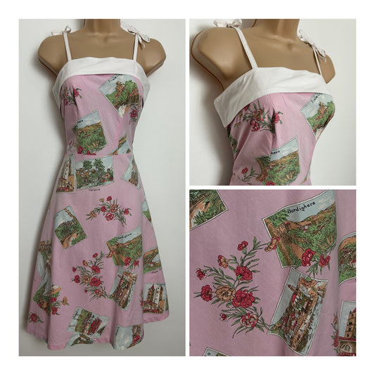 Vintage 1980s Size 8-10 Pink Italian Cities Postcard Print 50s Style Cotton Sun Dress