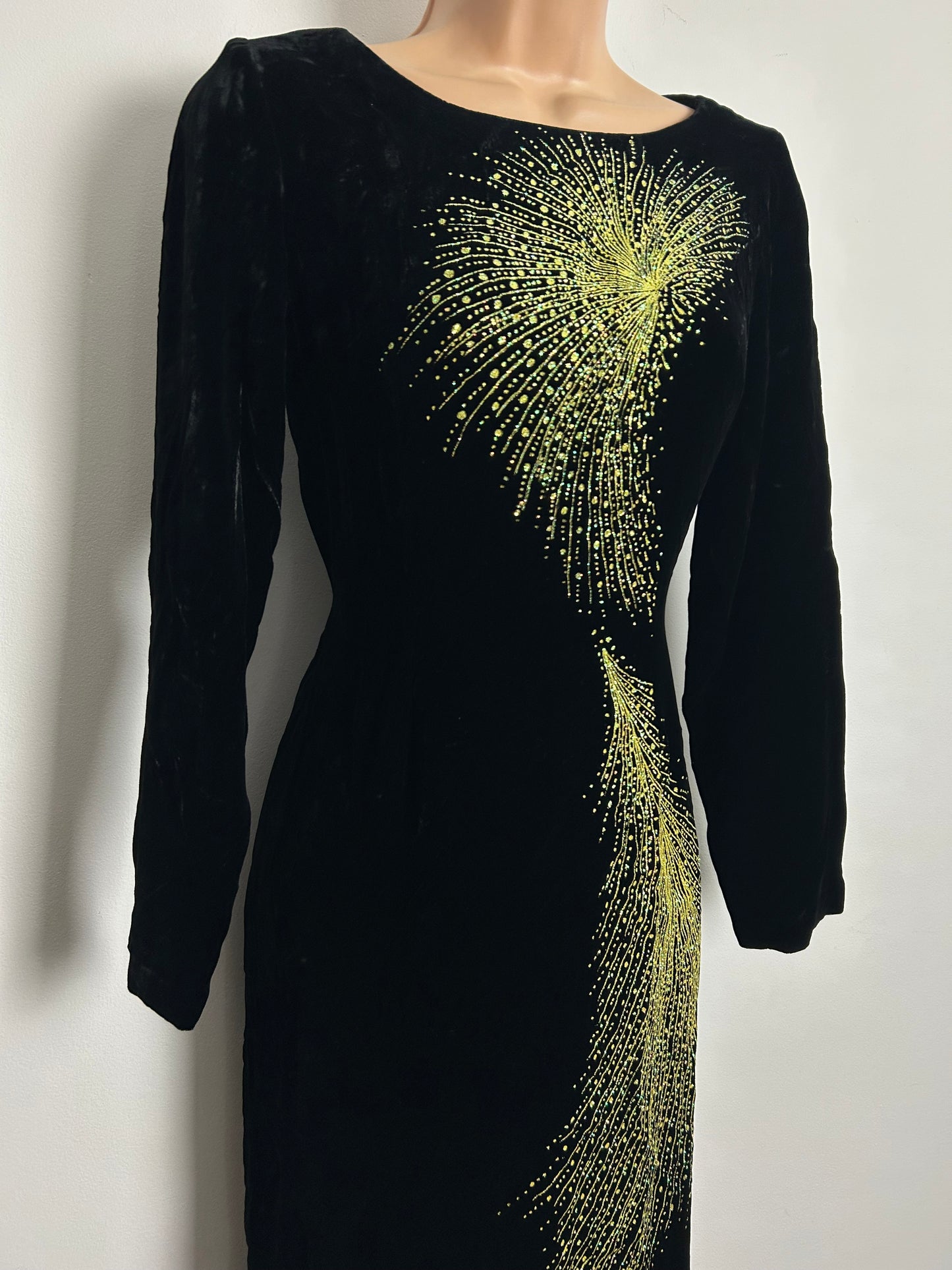 Vintage 1990s Size 8 Black Velour Gold & Green Shimmery Glitter Detail Midi Occasion Evening Dress