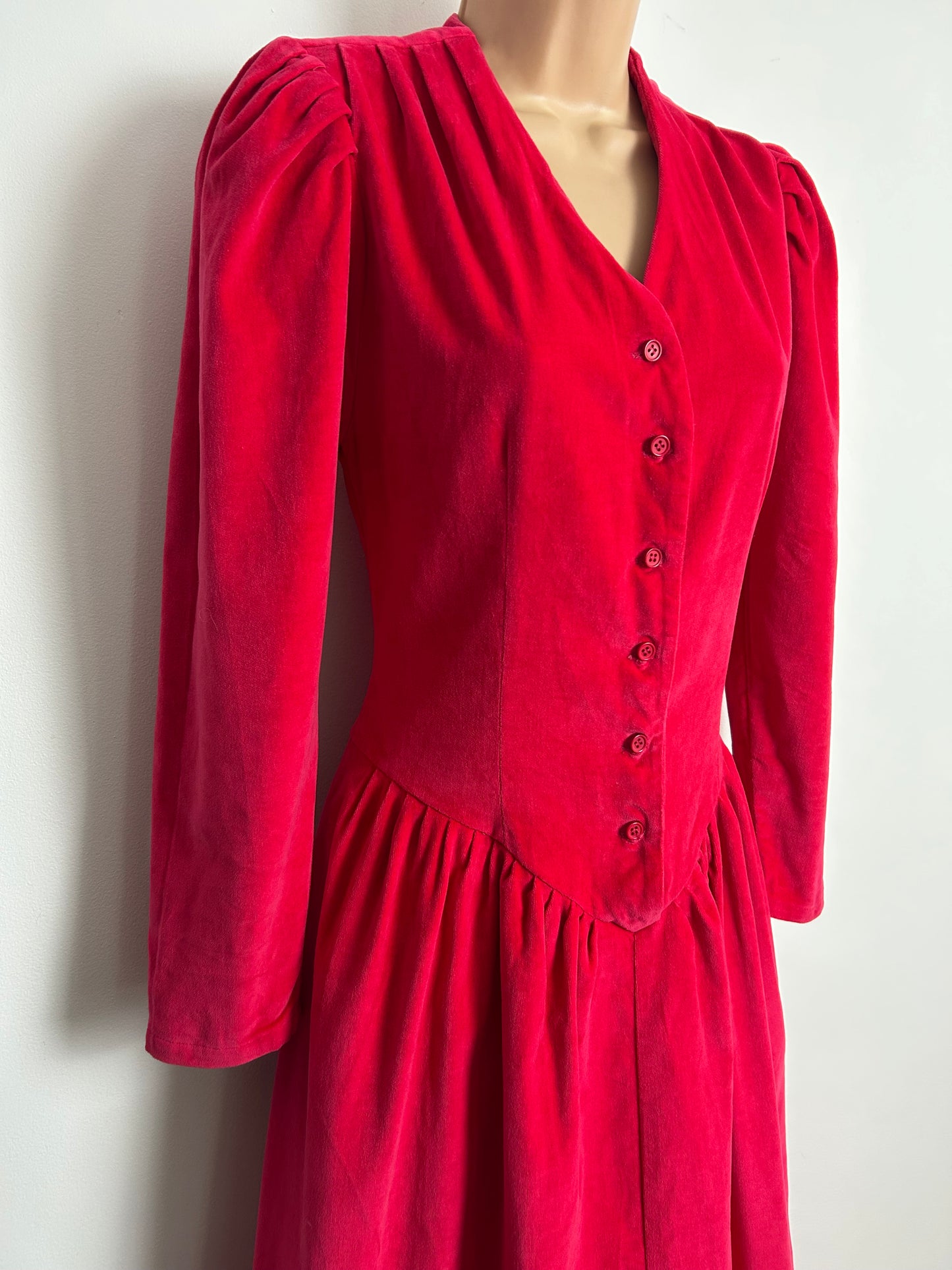 Vintage 1980s ADINI Size 8 Hot Pink Cotton Velvet Gather Pleated Midi Dress