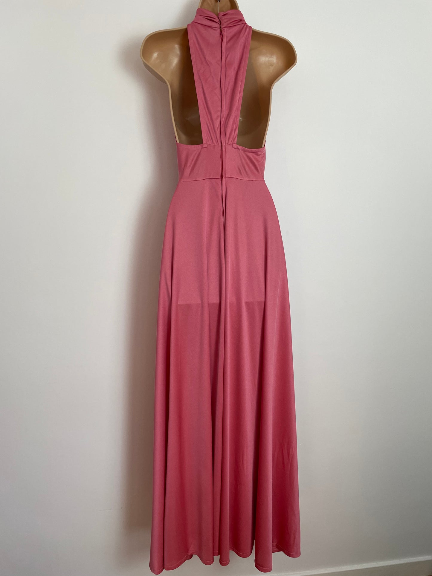 Vintage 1970s BERNSHAW UK Size 6 Dusky Pink Slinky High Neck Open Back Boho Occasion Maxi Dress