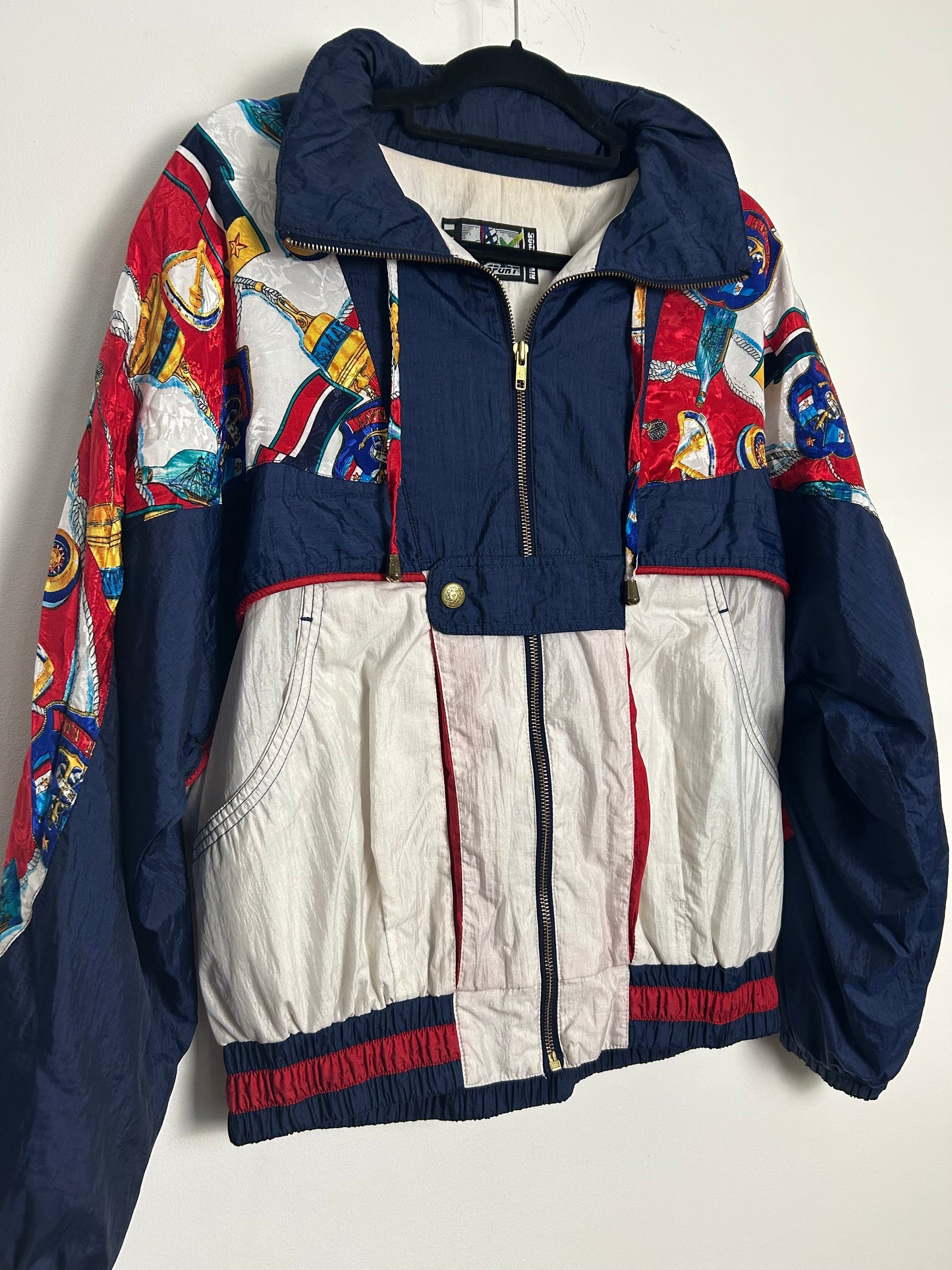 Vintage 1980s RIVER EDGE Size L (Up To Size 16) Blue White & Red Royal Navy Nautical Novelty Print Shell Jacket/Windbreaker