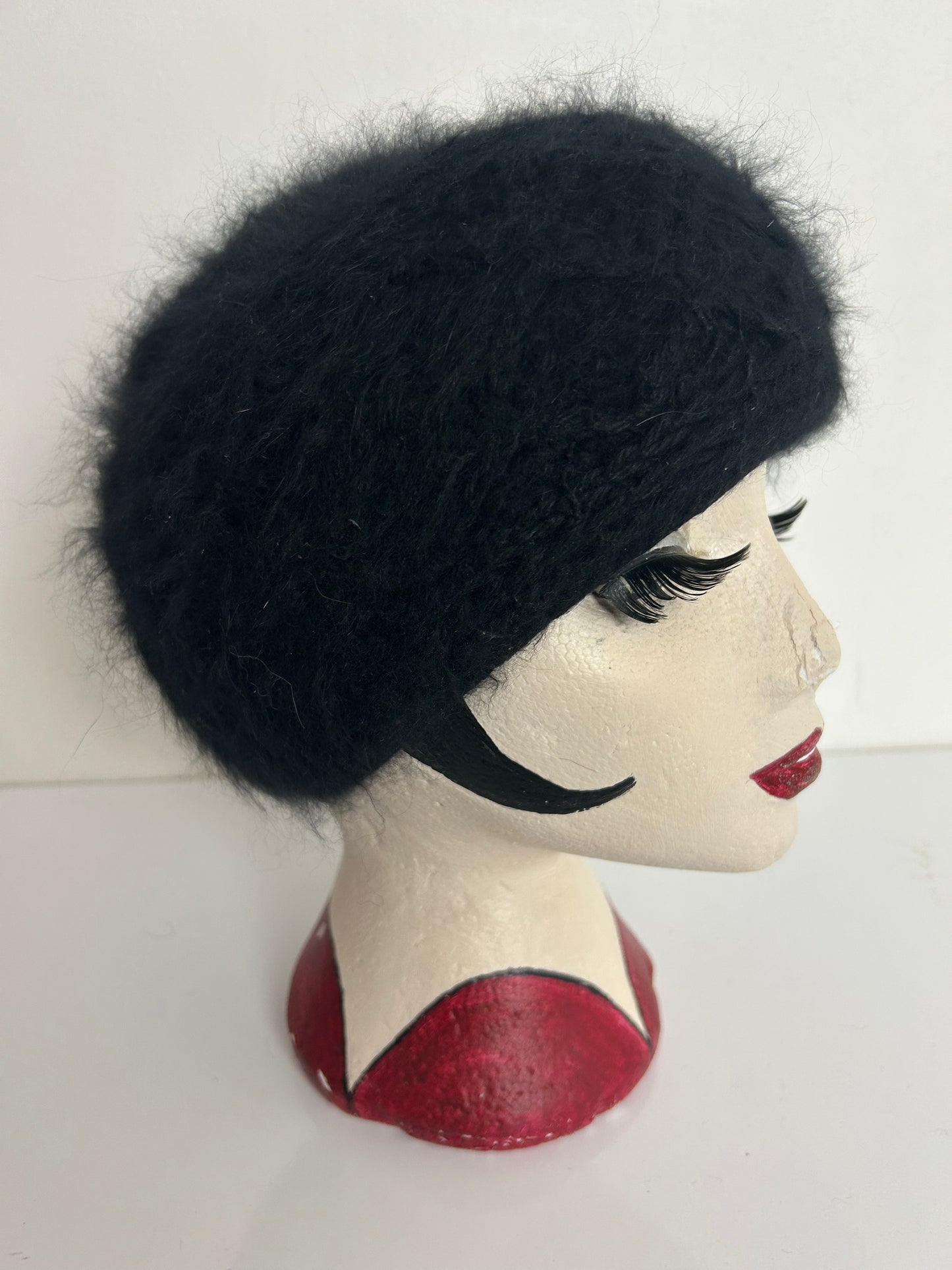 Vintage C&A Black Angora & Wool Mix Handcrafted Beanie Winter Hat