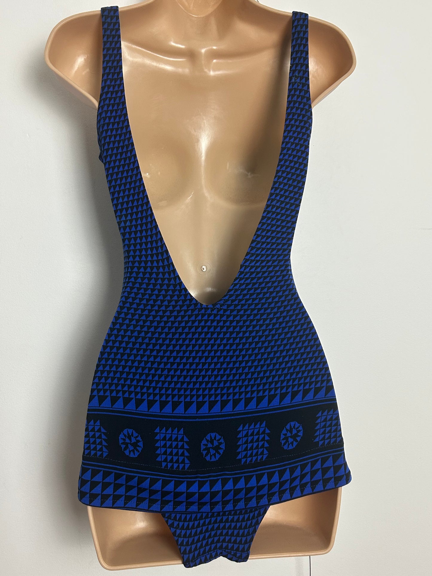 Vintage Late 1960s TROPIC Size 10-12 Dark Blue & Navy Geo Print Padded Skirted Swimsuit