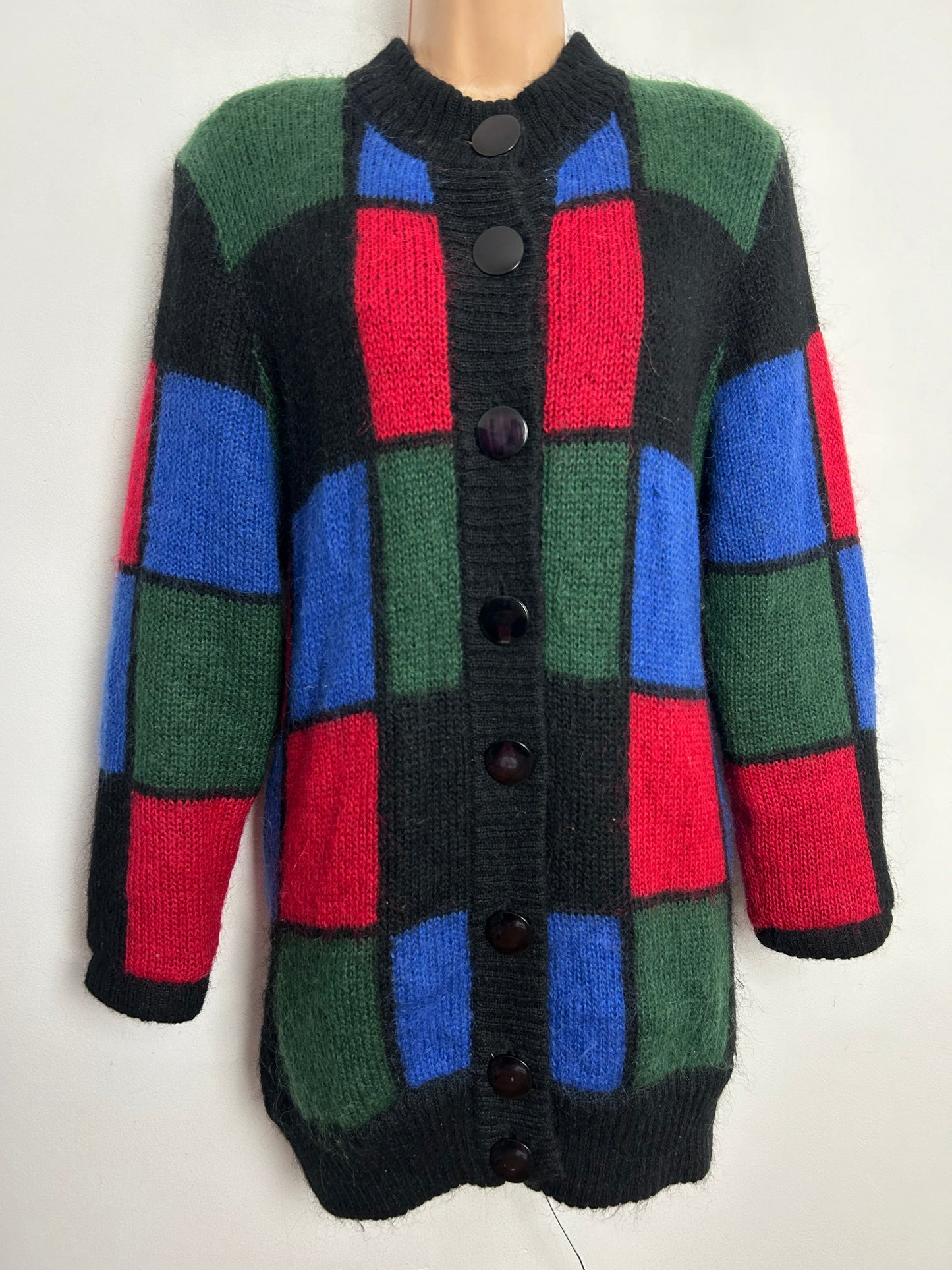 Vintage 1980s CINNAMON Up To Size 16 Black Red Green Blue Check 50% Mohair Longer Length Cardigan/Coatigan