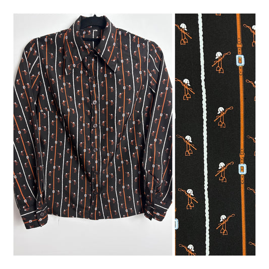 Vintage 1970s UK Size 12-14 Brown Rusty Orange & White Equestrian Jockey Cap & Stirrups Print Long Sleeve Shirt