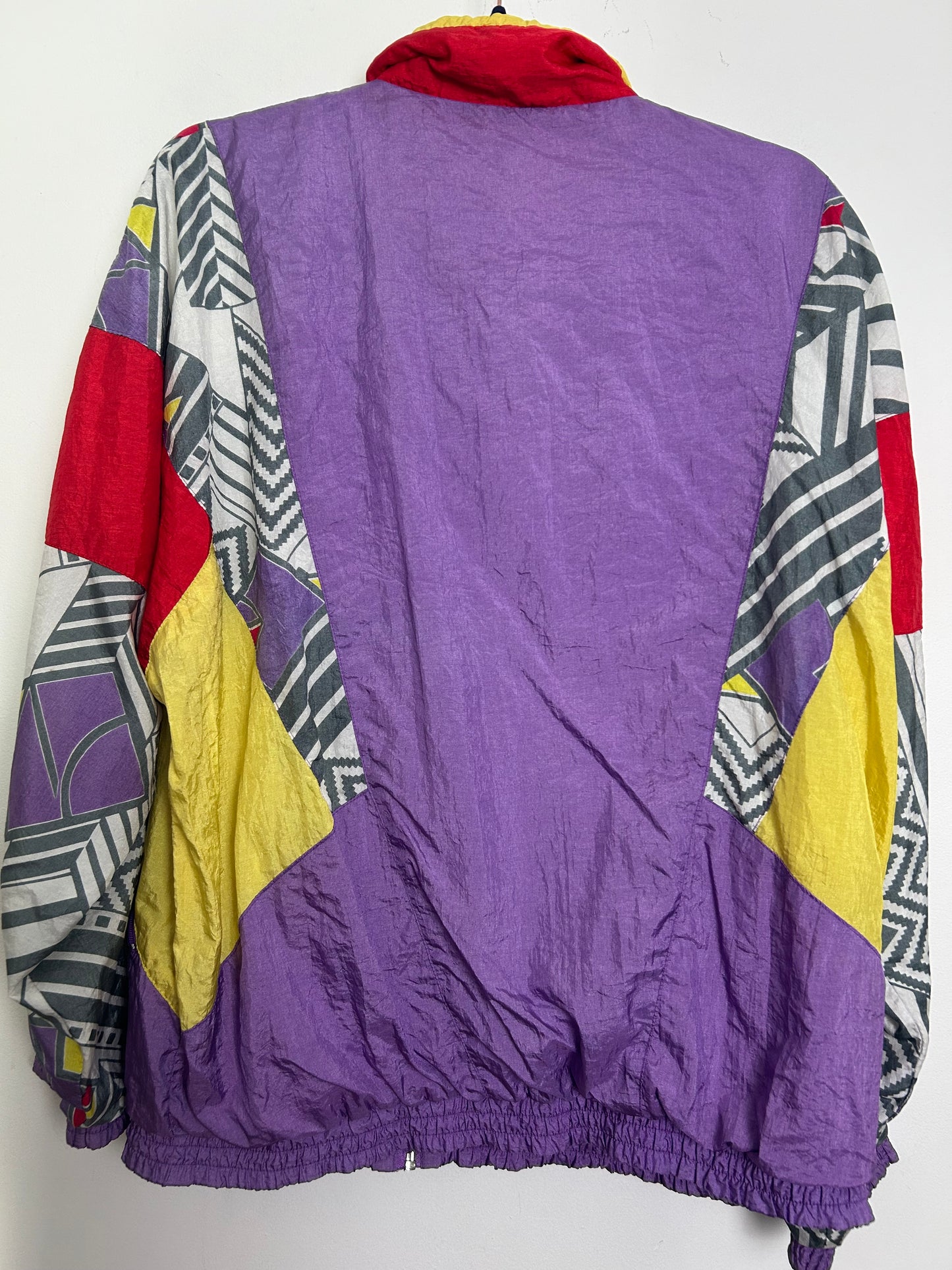 Vintage 1980s Size XL (Up to size 16) Lilac Red Yellow Grey & White Geo Print Shell Suit Jacket